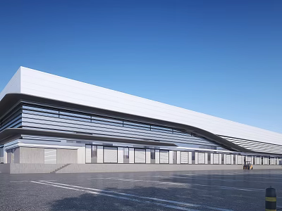 Modern Industrial Factory Building Exterior With Glass Curtain Walls And Spacious Parking Area 3d model