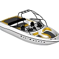 Recreational White And Yellow Yacht With Bimini Top And Comfortable Seats