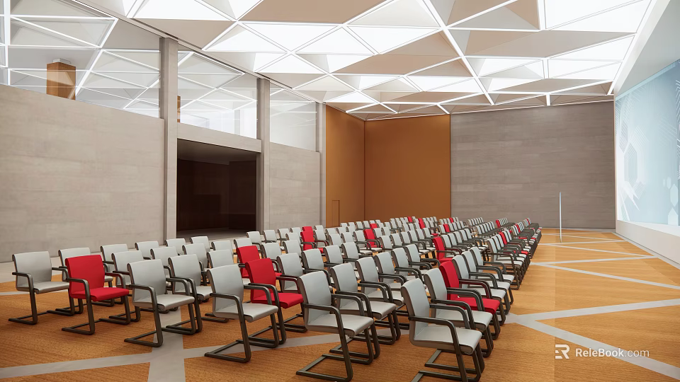Spacious Conference Room Interior With Arranged White Red Chairs And Geometric Ceiling Lights 3d model 