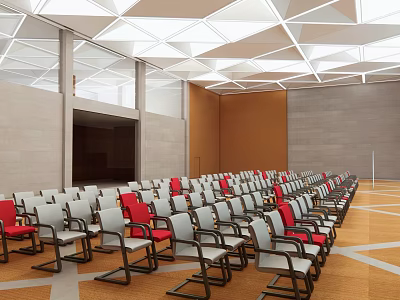 Spacious Conference Room Interior With Arranged White Red Chairs And Geometric Ceiling Lights 3d model