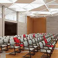 Spacious Conference Room Interior With Arranged White Red Chairs And Geometric Ceiling Lights