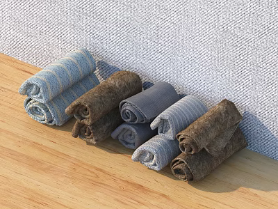 Colorful Rolled Towels In Blue Brown Grey Tones On Wooden Floor With Textured Wall 3d model