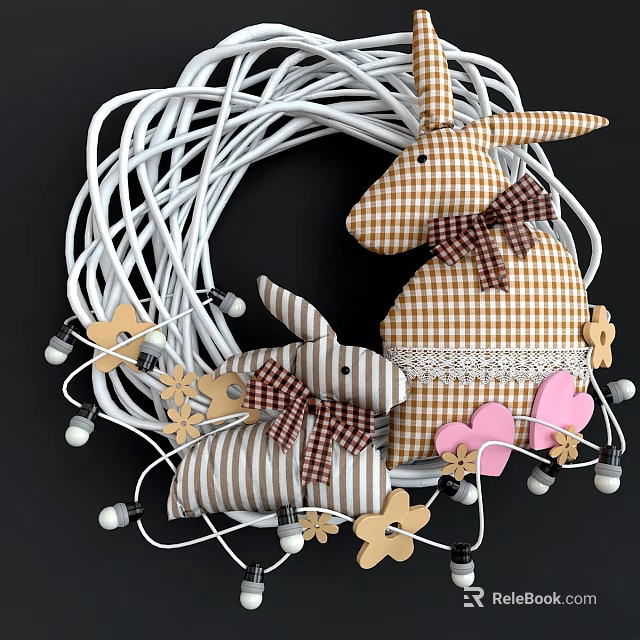 Decorative Fabric Rabbit Dolls Small Large Brown Bows White String Lights Wooden Flowers Pink Hearts 3d model 