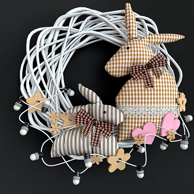 Decorative Fabric Rabbit Dolls Small Large Brown Bows White String Lights Wooden Flowers Pink Hearts 3d model