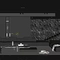 Modern Black Living Room Interior With Large Sofa Coffee Table Stone Staircase And Textured Wall