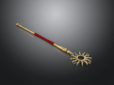 Ancient Golden Weapon With Red Handle And Sun Shaped Head Black Center 3d model