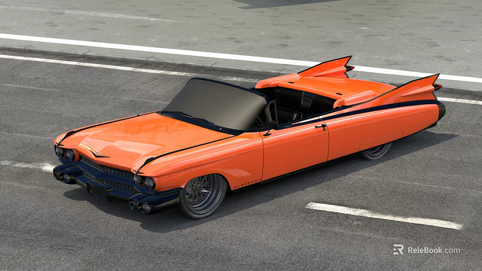 Orange Vintage Convertible Car Parked On Asphalt Road With Classic Design 3d model 