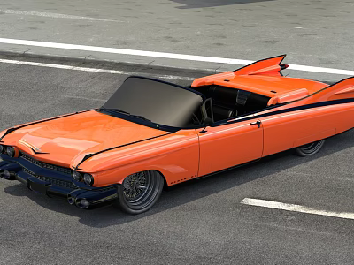Orange Vintage Convertible Car Parked On Asphalt Road With Classic Design 3d model