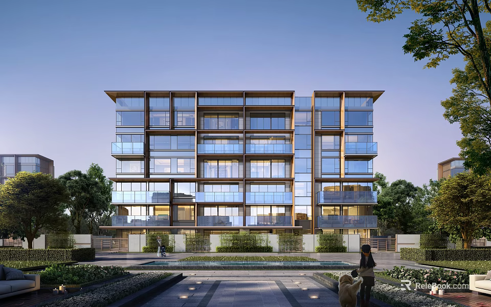 Modern Residential Building with Glass Facade Balconies Surrounded by Greenery and Landscaped Entrance Pathway 3d model 