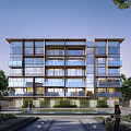 Modern Residential Building with Glass Facade Balconies Surrounded by Greenery and Landscaped Entrance Pathway