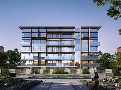 Modern Residential Building with Glass Facade Balconies Surrounded by Greenery and Landscaped Entrance Pathway 3d model