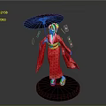 Traditional Red Kimono Costume With Doll Figure And Red Umbrella Cherry Blossom Petals