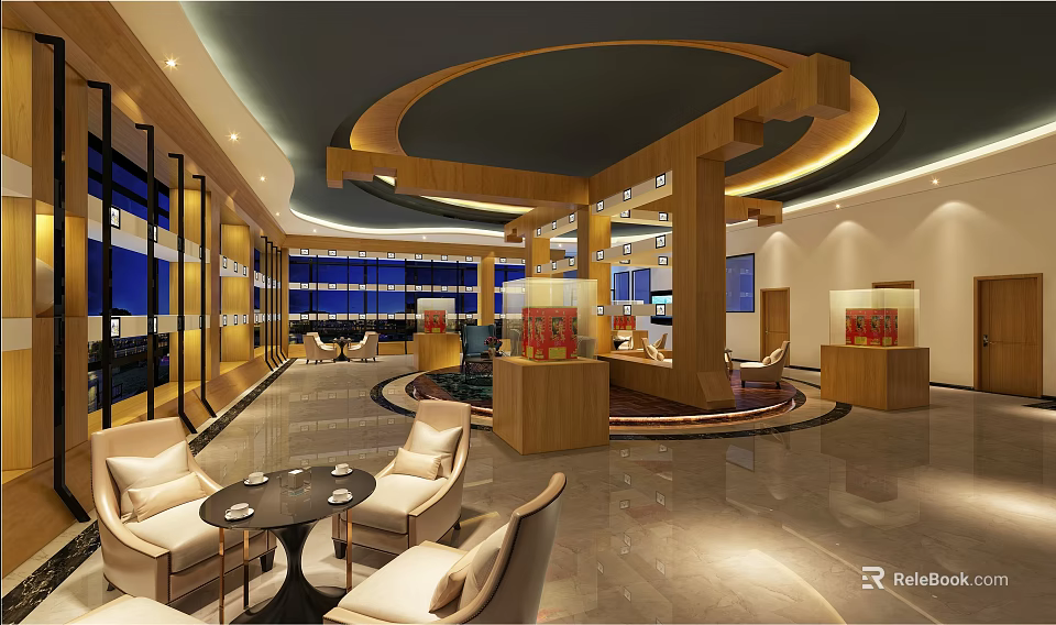 Modern Lobby Interior Design With Sofa Coffee Table And Wooden Decorative Lighting 3d model 