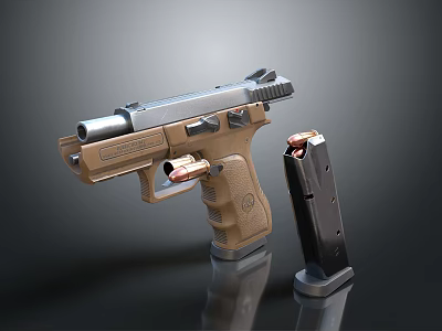 Tan And Silver Metal Pistol With Detachable Magazine On Black Surface 3d model