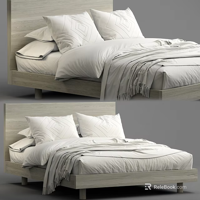 Elegant Minimalist Double Bed with Wooden Frame and White Bedding Design 3d model 