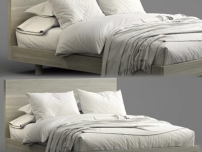 Elegant Minimalist Double Bed with Wooden Frame and White Bedding Design 3d model
