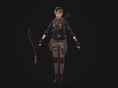Female Warrior In Tactical Gear With Rifle And Large Knife Standing Against Dark Background 3d model