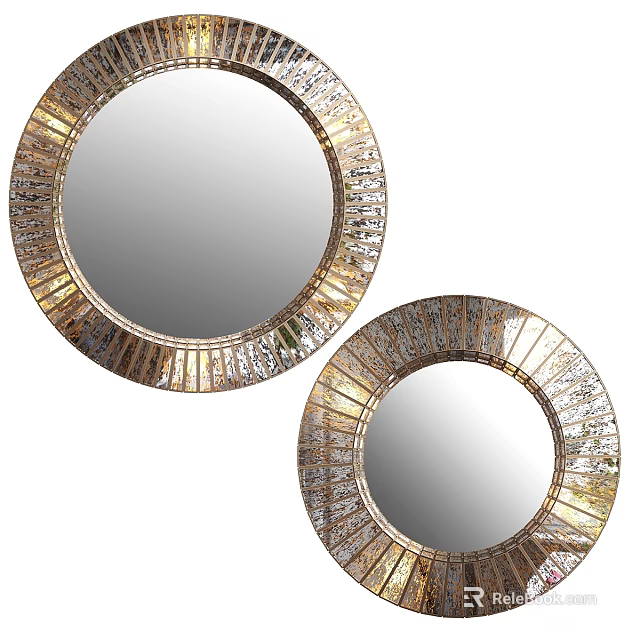 Two Elegant Circular Mirrors With Gold Silver Geometric Frame Details 3d model 