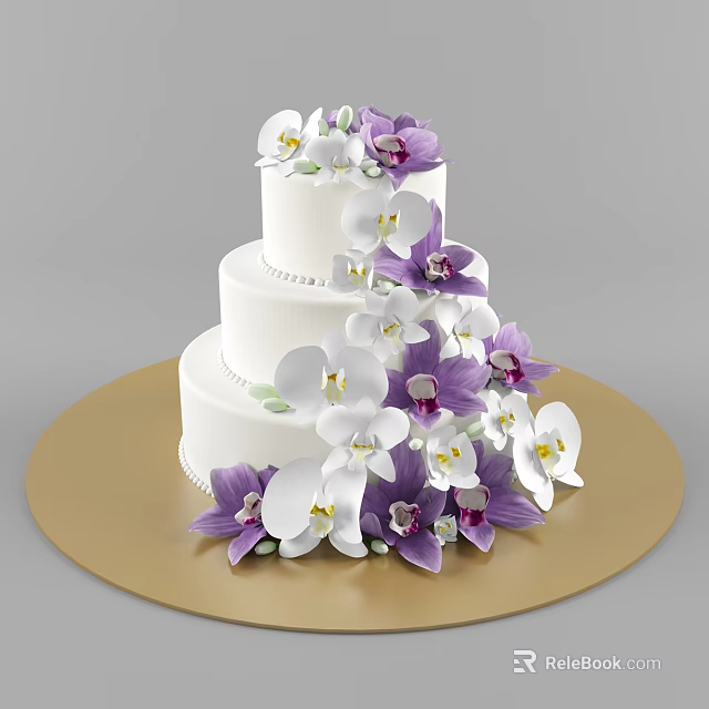 Three Tier White Cake Decorated With Purple And White Orchids On Gold Tray 3d model 