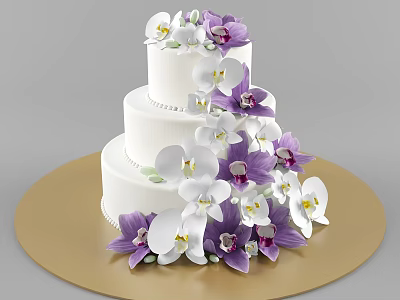 Three Tier White Cake Decorated With Purple And White Orchids On Gold Tray 3d model
