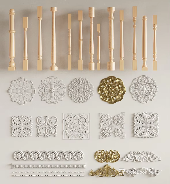 Wooden Balusters And Ornamental Railing Components 3d model 