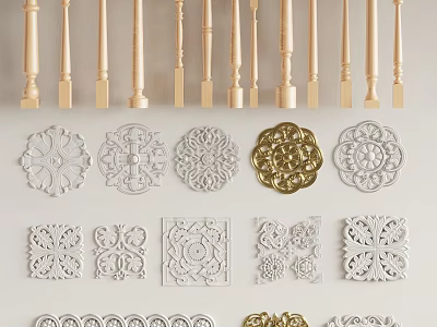 Wooden Balusters And Ornamental Railing Components 3d model