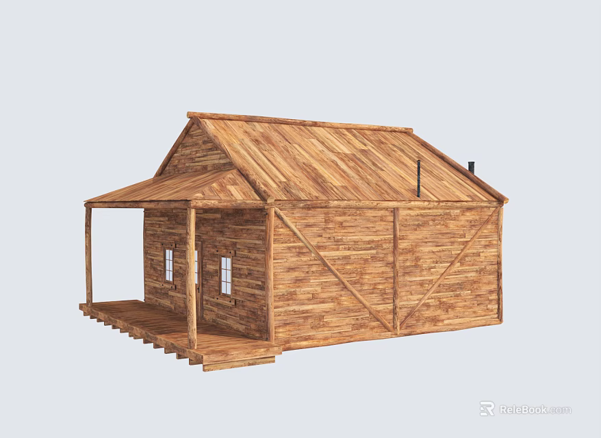 Traditional Rustic Log Cabin Exterior With Porch Steps Windows And Chimney 3d model 