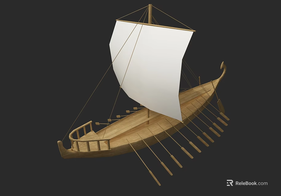Traditional Wooden Sailing Boat Featuring White Sail And Multiple Wooden Oars Design 3d model 