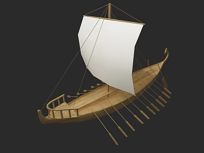 Traditional Wooden Sailing Boat Featuring White Sail And Multiple Wooden Oars Design 3d model