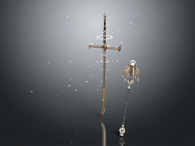 Intricately Designed Sword With Golden Accents And Gemstone Inlaid Dagger Featuring Shining Glowing Particles 3d model