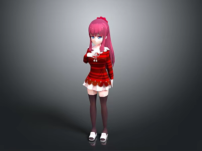 Game Movie Character with Pink Long Hair Blue Eyes Red Striped Sweater and White Skirt 3d model