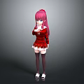 Game Movie Character with Pink Long Hair Blue Eyes Red Striped Sweater and White Skirt