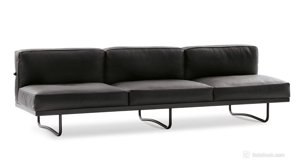 Black Leather Three Seater Sofa With Modern Minimalist Design And Metal Legs 3d model 
