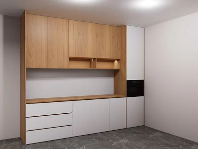 Modern Wooden and White Sideboard with Upper Cabinets Open Shelf Lower Drawers and Black Appliance 3d model