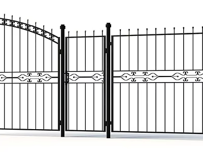 Residential Black Wrought Iron Fence With Decorative Gate And Ornate Patterns 3d model