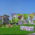 Bright Outdoor Space With Green Grass Purple Green Flower Patterned Cushions And Banners