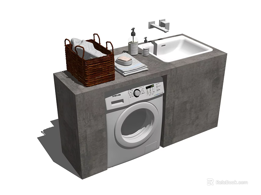 Modern Bathroom Washbasin With Washing Machine Towel Basket And Toiletries 3d model 
