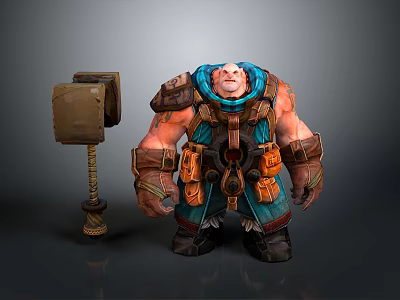 Muscular Man In Blue And Brown Outfit With Armor And Large Hammer Beside Him 3d model