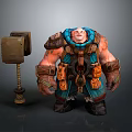 Muscular Man In Blue And Brown Outfit With Armor And Large Hammer Beside Him