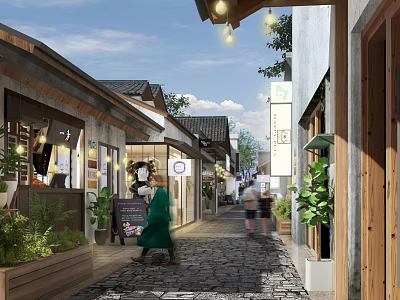 Traditional Commercial Street With Cobblestone Path Shops Pedestrians Green Plants And Hanging Lights 3d model
