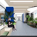 Modern Office Corridor With Blue Accents Green Plants And Seating Areas
