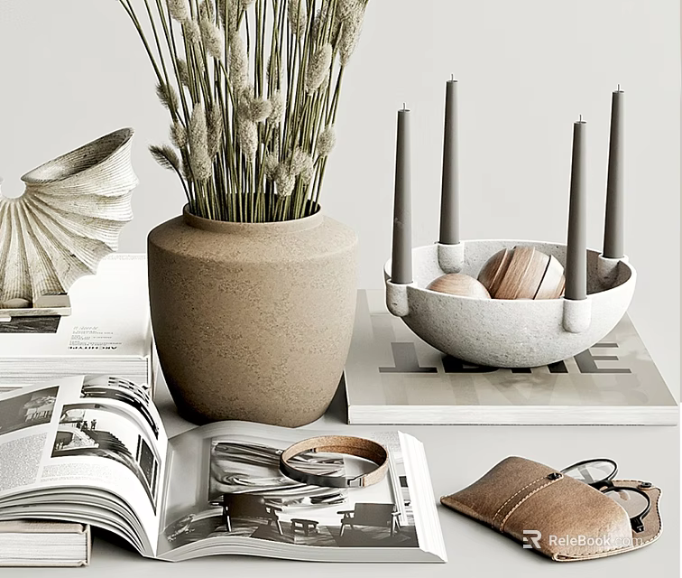 Bohemian Decorative Ornament Set With Clay Vase Dried Plants Shell Shaped Ornament And Wooden Balls 3d model 