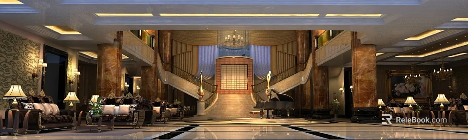 Luxurious Clubhouse Grand Lobby With Marble Staircase Crystal Chandelier And Piano 3d model 