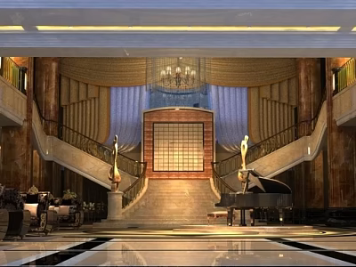 Luxurious Clubhouse Grand Lobby With Marble Staircase Crystal Chandelier And Piano 3d model