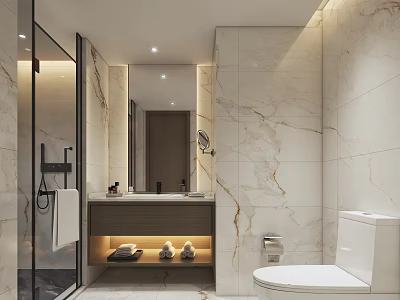 Modern Bathroom Interior With Marble Walls Glass Shower Vanity And Lighting 3d model
