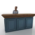 Stylish Reception Desk With Wooden Countertop Blue Cabinets And Receptionist Standing Behind