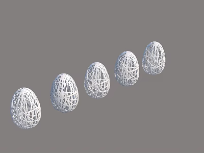 Five White Egg Shaped Chandeliers With Intricate Woven Texture Arranged In A Row 3d model