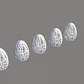 Five White Egg Shaped Chandeliers With Intricate Woven Texture Arranged In A Row