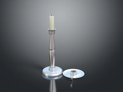 Elegant Silver Candlestick With White Candle And Round Base Design 3d model