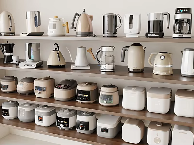 Functional Modern Kitchen Appliances On Shelf Display For Home Kitchen Setup 3d model